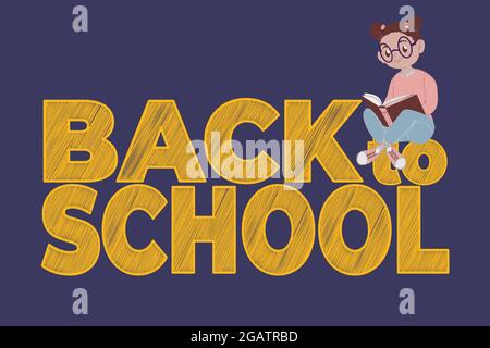 Little African American girl with glasses sits and reads a book and background with slogan back to school. Schoolgirl is studying. Vector illustration Stock Vector