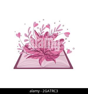 An open book with plants and flowers growing out of it. Sprouts of knowledge. The concept of knowledge and learning. Vector illustration in cartoon st Stock Vector