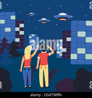 People are looking at UFOs in the sky. Evening city. Three flying saucers descend from the sky. Colorful vector illustration hand drawn Stock Vector