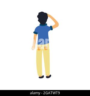 Man looks up, shielding his eyes from the light with his hand. Back view. Colorful isolated vector illustration hand drawn Stock Vector
