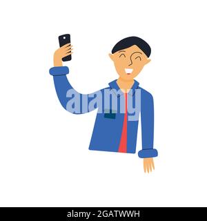 Guy takes a selfie. Blogger smiles while taking a photo or video of himself. Colorful vector isolated illustration hand drawn Stock Vector