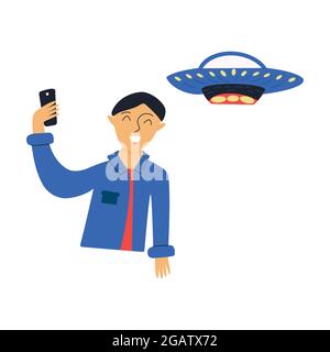 Guy takes a selfie against background of the UFO. Flying saucer. Interaction between humans and aliens. Colorful vector isolated illustration hand dra Stock Vector