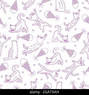 Seamless pattern with cats in different poses, festive cap and paw prints. Vector colorful illustration hand drawn. Holiday print for birthday or part Stock Vector