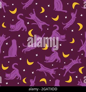 Seamless pattern with cats in different poses, in the night sky, with stars and crescent. Vector colorful illustration hand drawn. Magic print Stock Vector