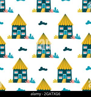 Seamless patterm with blue sweet home with stairs and clouds. Unusual design. Colorful vector isolated illustration cartoon. White background Stock Vector