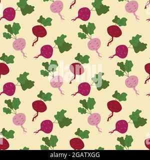 Seamless pattern with beets with green leaves, organic healthy food, vegetable, vector illustration. Hand drawn style. Print for fabric, paper or wrap Stock Vector