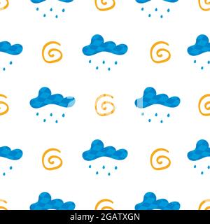 Seamless pattern with clouds with rain and abstract shape. On white background. Vector colorful illustration hand drawn Stock Vector