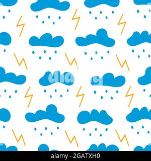 Seamless pattern with clouds with rain and lightning. Storm. On white background. Vector colorful illustration hand drawn Stock Vector