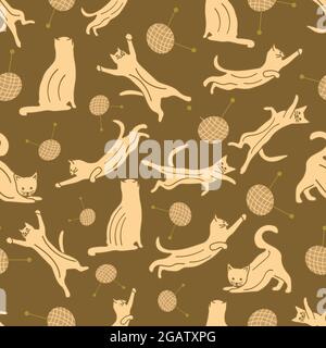 Seamless pattern with cats in different poses and yarn with knitting needles. Vector colorful illustration hand drawn. Brown background Stock Vector