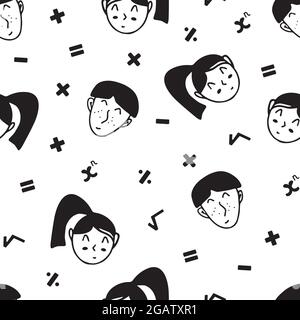 Seamless pattern with faces of boys and girls schoolchildren. Signs of addition, subtraction, multiplication and division, sign of the root of the num Stock Vector