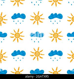 Seamless pattern with clouds with rain and sun. On white background. Vector colorful illustration hand drawn Stock Vector