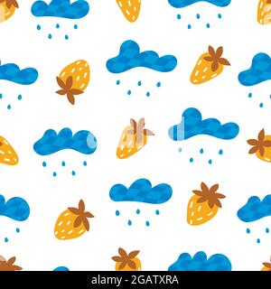 Seamless pattern with clouds with rain and strawberry. On white background. Vector colorful illustration hand drawn Stock Vector