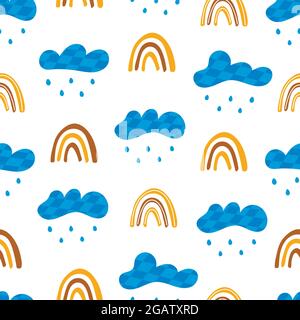 Seamless pattern with clouds with rain and rainbow. On white background. Vector colorful illustration hand drawn Stock Vector