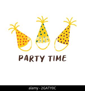Three festive caps. Party time inscription. Vector colorful illustration hand drawn isolated Stock Vector