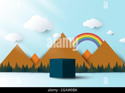 3D realistic blue cube shaped pedestal podium with landscape nature mountain, rainbow, cloud and sun backdrop paper cut style on blue sky background. Stock Vector