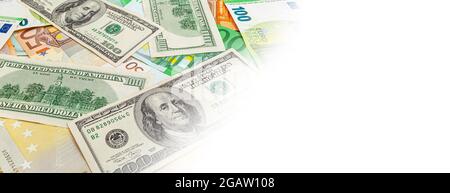 panorama of texture  US and Euro banknotes Stock Photo