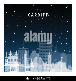 Winter night in Cardiff. Night city in flat style for banner, poster, illustration, background. Stock Vector