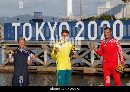 TOMASGAARD Hermann (NOR), WEARN Matt (AUS), STIPANOVIC Tonci (CRO), AUGUST 1st, 2021 - Sailing : Men's One Person Dinghy - Laser - Medal Ceremony during the Tokyo 2020 Olympic Games at the Enoshima Yacht Harbour in Kanagawa, Japan. Credit: Kaoru Soehata/AFLO/Alamy Live News Stock Photo