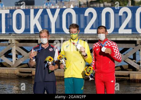TOMASGAARD Hermann (NOR), WEARN Matt (AUS), STIPANOVIC Tonci (CRO), AUGUST 1st, 2021 - Sailing : Men's One Person Dinghy - Laser - Medal Ceremony during the Tokyo 2020 Olympic Games at the Enoshima Yacht Harbour in Kanagawa, Japan. Credit: Kaoru Soehata/AFLO/Alamy Live News Stock Photo