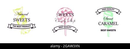 Set of hand drawn candy shop logo isolated on white. Vector illustration in sketch style Stock Vector