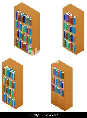 Wooden bookcase set with books isolated on white. Bookshelves for library with multicolored books. Vector isometric illustration. Stock Vector