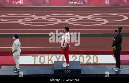 Tokyo, Japan. 1st Aug, 2021. Gold medalist Gong Lijiao (C) of China, silver medalist Raven Saunders (L) of the United States and bronze medalist Valerie Adams of New Zealand react during the awarding ceremony of the Women's Shot Put at the Tokyo 2020 Olympic Games in Tokyo, Japan, Aug. 1, 2021. Credit: Li Yibo/Xinhua/Alamy Live News Stock Photo