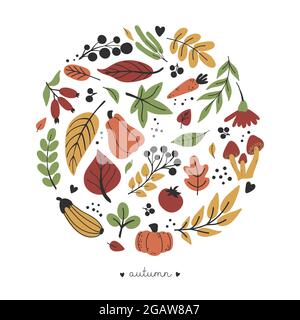 Autumn collection in circle shape: fruits, leaves, flowers, vegetables. Fall hand drawn flat set in green, red, yellow, orange colors Stock Vector