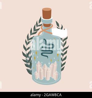 Magic blue bottle with snake, crystals, leaves. Vintage potion. Witchcraft art. Flat vector illustration in pastel colors. Stock Vector