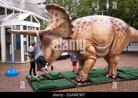 life-size dinosaurs models exhibited at various locations in the city center of Bochum, here: Triceratops, North Rhine-Westphalia, Germany.  lebensgro Stock Photo