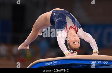 (210801) -- TOKYO, Aug. 1, 2021 (Xinhua) -- Mykayla Skinner of the United States competes during the women's vault final of the artistic gymnastics competition at Tokyo 2020 Olympic Games in Tokyo, Japan, on Aug. 1, 2021. (Xinhua/Cheng Min) Stock Photo