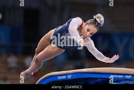 (210801) -- TOKYO, Aug. 1, 2021 (Xinhua) -- Mykayla Skinner of the United States competes during the women's vault final of the artistic gymnastics competition at Tokyo 2020 Olympic Games in Tokyo, Japan, on Aug. 1, 2021. (Xinhua/Cheng Min) Stock Photo