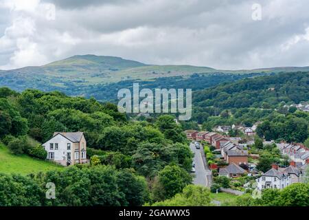 CONWY, WALES - JULY 04, 2021: Aerial view of countryside surrounding Conwy. Conwy is a costal market town and a popular tourist destination Stock Photo
