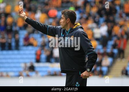 Coventry, UK. 01st Aug, 2021. Wolverhampton Wanderers Head Coach Bruno Lage gives instructions from the touchline. Pre-season friendly match, Coventry City v Wolverhampton Wanderers at Coventry Building Society Arena in Coventry, Midlands on Sunday 1st August 2021. this image may only be used for Editorial purposes. Editorial use only, license required for commercial use. No use in betting, games or a single club/league/player publications. pic by Steffan Bowen/Andrew Orchard sports photography/Alamy Live news Credit: Andrew Orchard sports photography/Alamy Live News Stock Photo