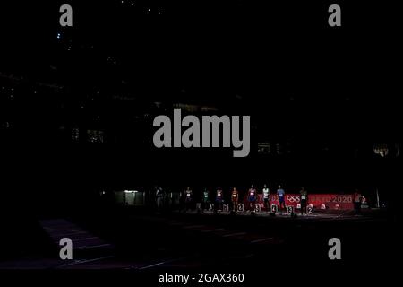 Tokyo, Japan. 1st Aug, 2021. Athletes attend the Men's 100m Final at the Tokyo 2020 Olympic Games in Tokyo, Japan, Aug. 1, 2021. Credit: Li Ming/Xinhua/Alamy Live News Stock Photo