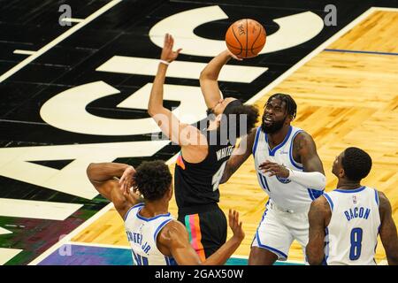 Orlando, Florida, USA, April 12, 2021, San Antonio Spurs Point Guard Derrick White #4 attempt to make a basket at the Amway Center  (Photo Credit:  Marty Jean-Louis) Stock Photo