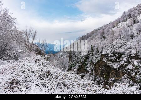 Landscape of the Poqueira ravine after an intense snowfall. Stock Photo
