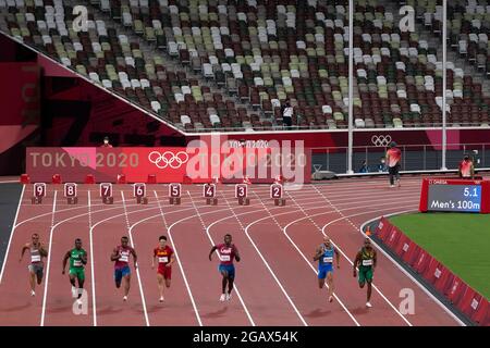Tokyo, Japan. 01st Aug, 2021. The final of the men's 100-meters at the 2020 Summer Olympics, on August 1, 2021, in Tokyo, Japan. Credit: Ondrej Deml/CTK Photo/Alamy Live News Stock Photo