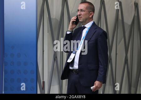 Bergamo, Italy, 31st July 2021. Umberto Marino General Director of Atalanta BC pictured on his mobile phone during the warm up prior to the Pre Season Friendly match at Gewiss Stadium, Bergamo. Picture credit should read: Jonathan Moscrop / Sportimage Stock Photo
