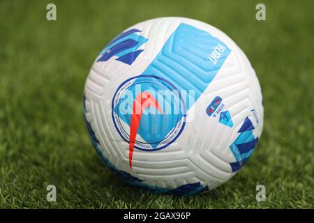 Bergamo, Italy, 31st July 2021. An official Nike Serie A matchball during the warm up prior to the Pre Season Friendly match at Gewiss Stadium, Bergamo. Picture credit should read: Jonathan Moscrop / Sportimage Stock Photo