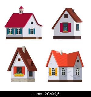 Set of cozy cottages in flat style Stock Vector