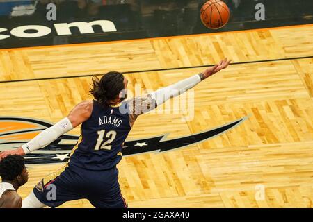 Orlando, Florida, USA, February 19, 2021, New Orleans Pelicans Center Steven Adams #12 attempt to catch the ball from a pass during the game at the Amway Center  (Photo Credit:  Marty Jean-Louis) Stock Photo