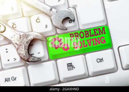 Conceptual display Problem Solving. Concept meaning process of finding solutions to difficult or complex issues Compiling And Typing Online Research Stock Photo