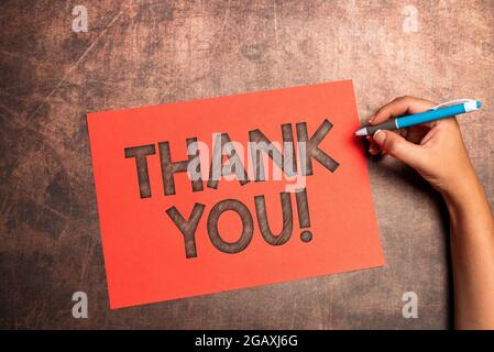 Text showing inspiration Thank You. Conceptual photo a polite expression used when acknowledging a gift or service Writing Important Notes Drawing New Stock Photo