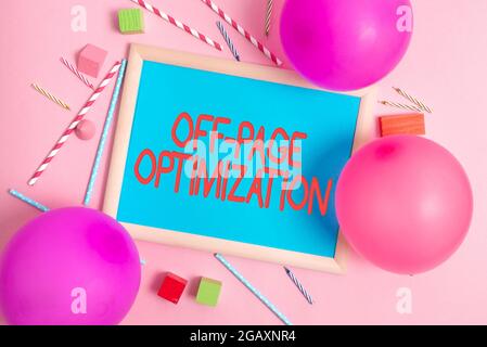 Sign displaying Off Page Optimization. Business concept set of techniques to increase your website s is ranking Colorful Party Invitation Designs Stock Photo