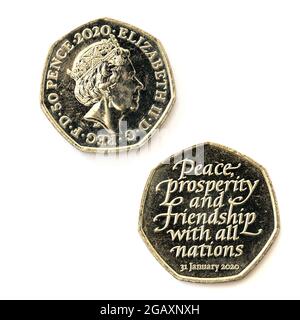 Brexit fifty pence piece 2020 engraved by Jody Clark (Obverse) and Thomas Docherty (Reverse) Stock Photo