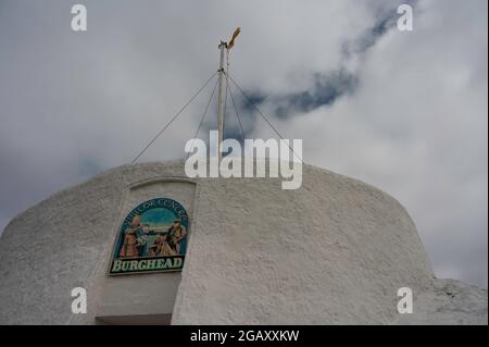 Burghead Visitor Centre Pictish flag and fort Stock Photo - Alamy