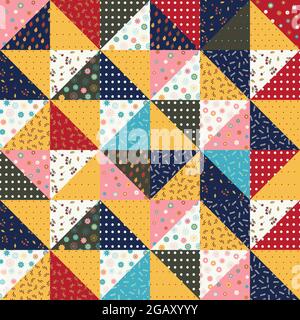 Seamless pattern of a patchwork quilt made from pieces of fabric with different patterns. Floral ornament, polka dots, autumn colors. Stock Vector