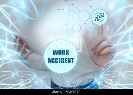 Text sign showing Work Accident. Conceptual photo Mistake Injury happened in the job place Getting hurt Lady Holding Tablet Pressing On Virtual Button Stock Photo