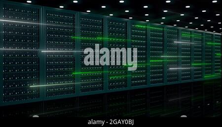 Powerful servers sit behind glass panels in a server room of a data center or ISP as the camera moves at an angled dolly shot, High quality image Stock Photo