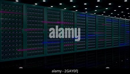 Digital information travels through fiber optic cables through the network and data servers behind glass panels in the server room of the data center. Stock Photo